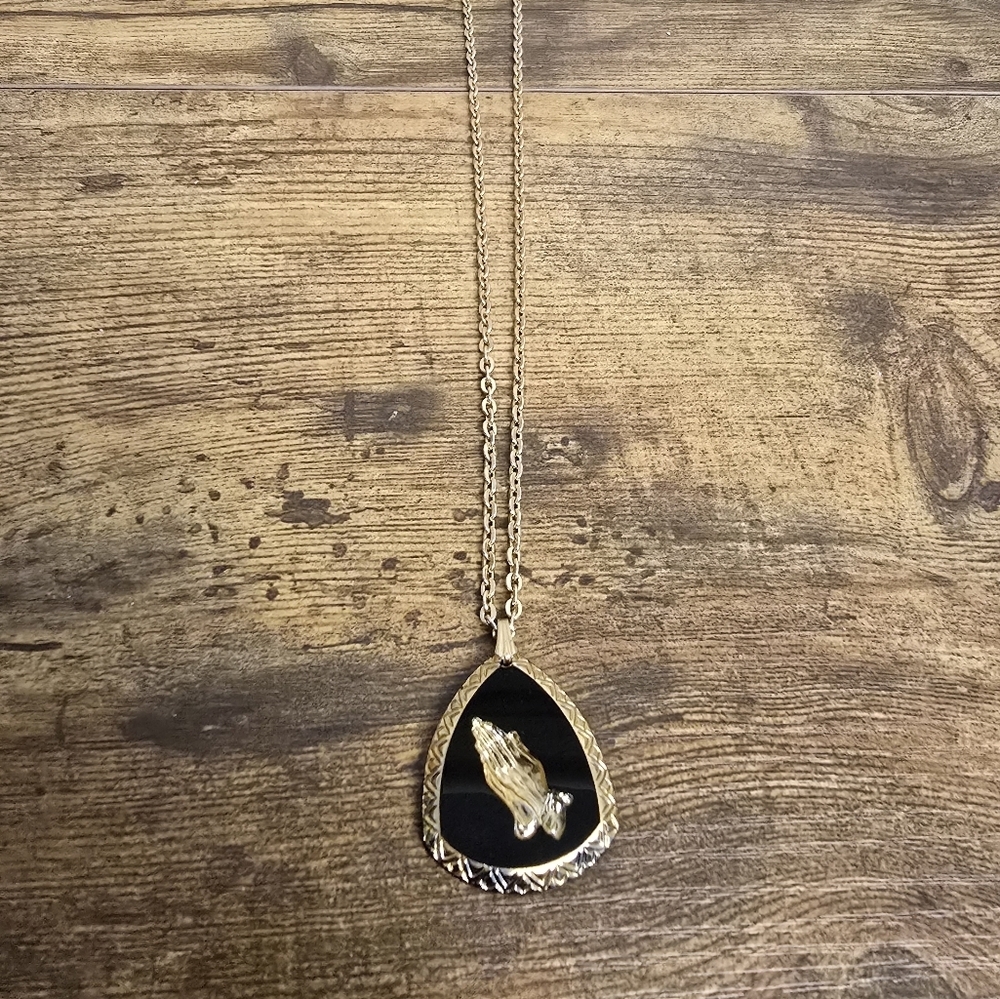 Gold and Black Praying Hands Pendant Necklace